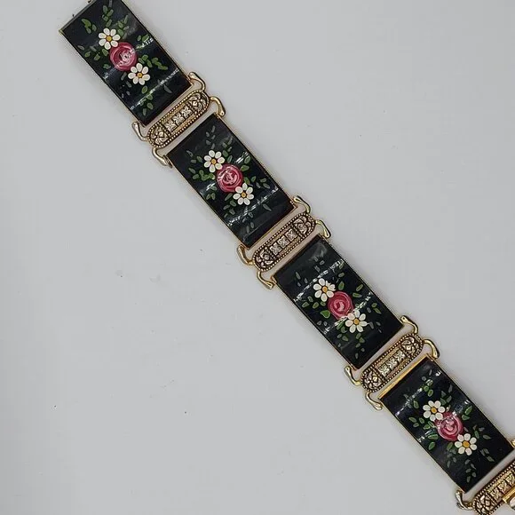Vintage Hand Painted Floral Panel Bracelet Gold Tone Damascene Made in Spain - Picture 5 of 7